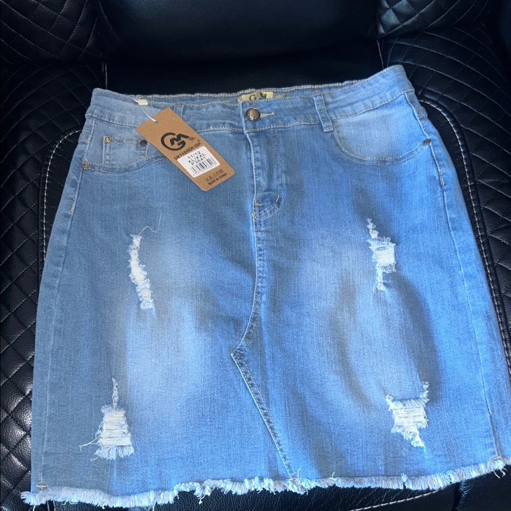 Trendy Light Blue Distressed Denim Mini Skirt
